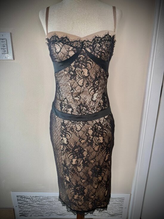 bebe Dresses & Skirts - Bebe Black Lace Overlay of Satin Nude dress w/ Adjustable Straps & Waist - S